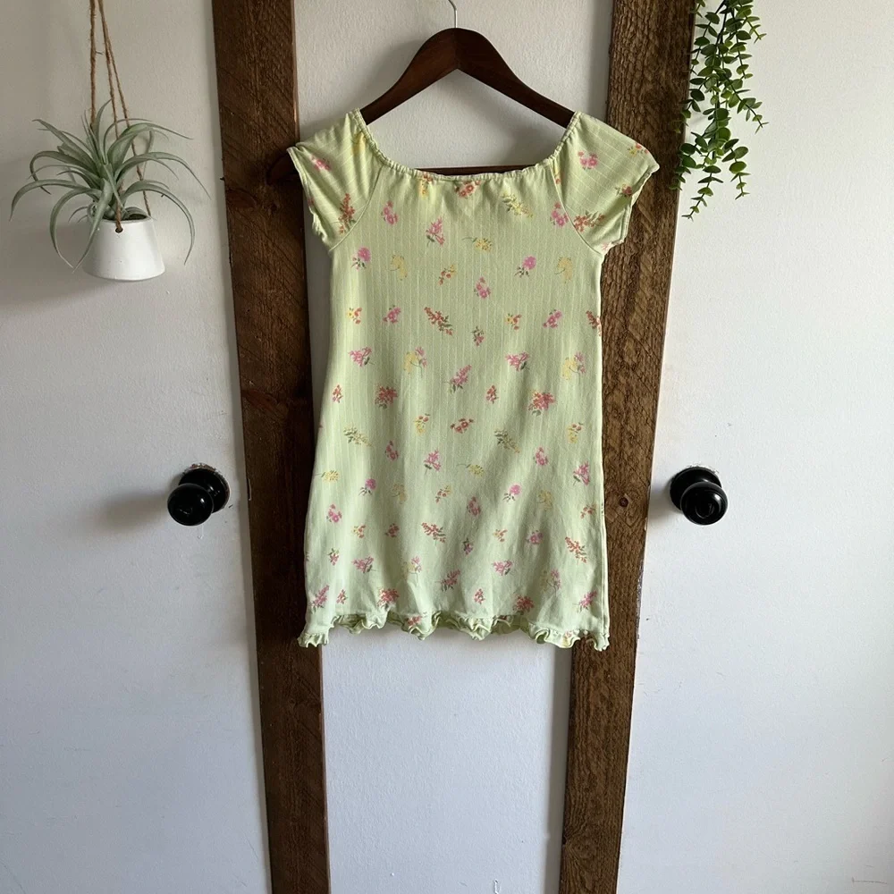 Vintage Gymboree Girl’s Peasant Front Floral Green Dress Pink Accents Size 6
